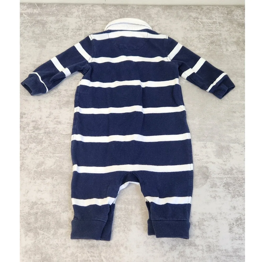 Ralph Lauren Rugby Romper Baby 3M Navy Blue Striped Polo Unisex Preppy Luxury